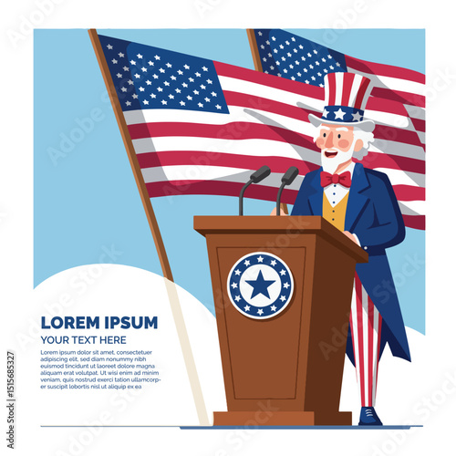 Uncle Sam Speaking at Podium with Waving Flags | Event Vector Design

