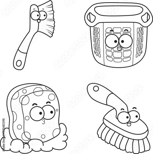 Outline of Home cleaning cute doodle vector images with eyes and mouth.