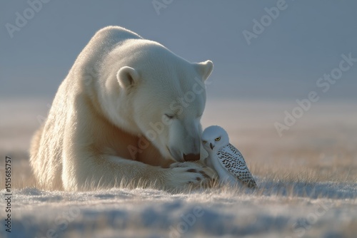 A heartwarming moment of a polar bear and owl nestled together in the snow, capturing motherly love and pure storytelling beauty.









