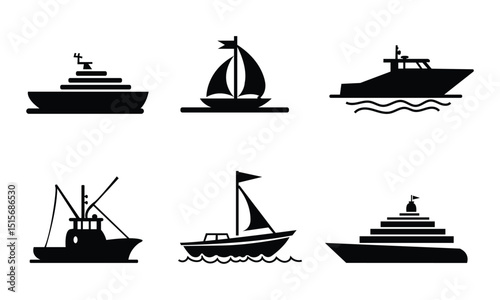 Ship and marine boat black silhouette set. Small and large seagoing vessels. Vector illustration on white background