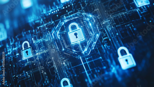 Futuristic cyber security illustration with digital locks and network
