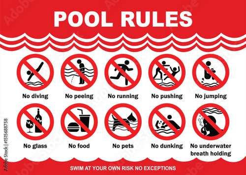 Swimming pool rules danger warning sign. Prohibited actions in swimming pool with red background
