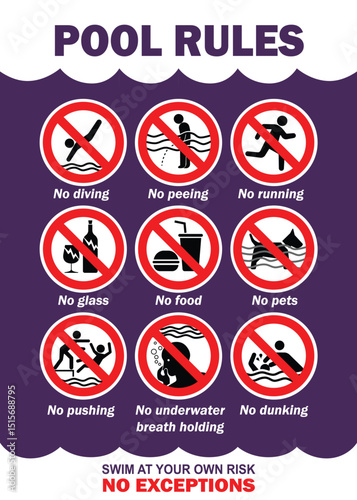 Swimming pool rules danger warning sign. Prohibited actions in swimming pool with purple and white colors combination