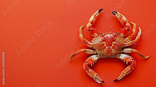 Whole crab on vibrant red backdrop