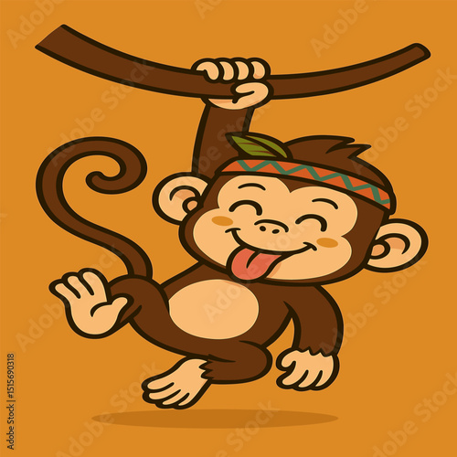 A playful cartoon monkey hangs upside down from a tree branch, sticking out its tongue and wearing a tribal headband.