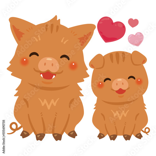 お座りした笑顔のイノシシの親子イラスト