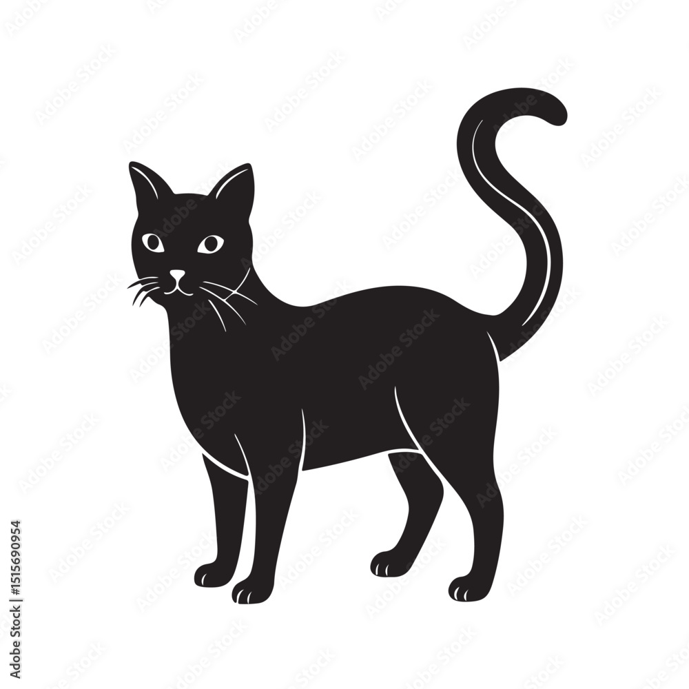 Elegant Black Cat Standing Proudly with Curved Tail Raised High Elegant Black Cat Standing Proudly with Curved Tail Raised High