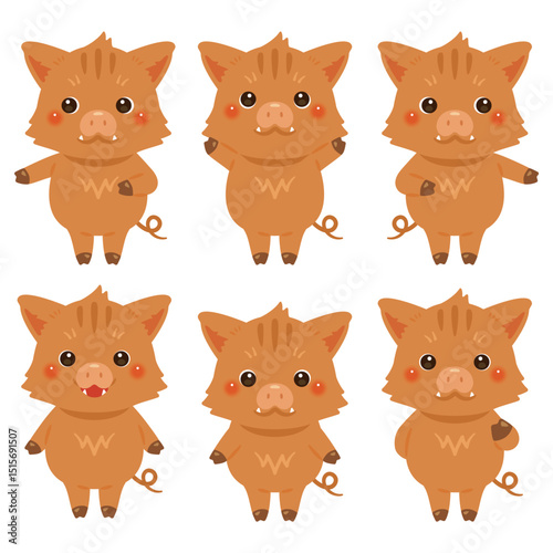 指さしをするイノシシのキャラクターイラストセット