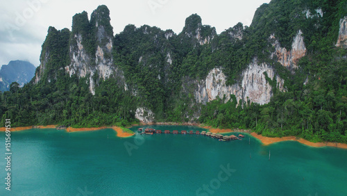 Aerial view of floating raft houses in Cheow Lan Lake, Khao Sok, Surat Thani Thailand