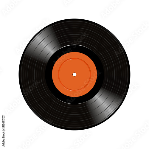 Long play vinyl record with orange paper label isolated on white background.	
