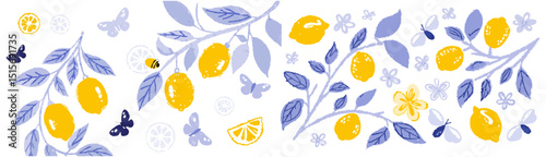 Charming Lemon Branches with Butterflies and Flowers on a White Background. A cheerful and whimsical illustration featuring stylized lemon branches laden with vibrant yellow lemons, delicate purple.