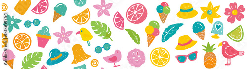 Fun Summer Pattern with Colorful Fruits, Ice Cream, and Accessories. A vibrant and cheerful summer pattern featuring a variety of colorful, hand-drawn illustrations of fruits, ice cream, flowers.