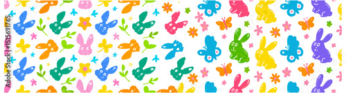 Colorful Cartoon Bunny and Flower Seamless Pattern. A vibrant, seamless pattern featuring whimsical, cartoon bunnies in various bright colors, along with flowers and butterflies on a white background.