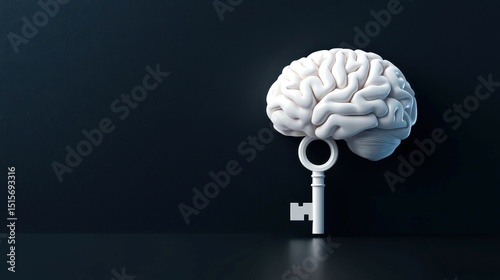 A brain model with a key symbolizes unlocking knowledge and understanding, set against a dark background.