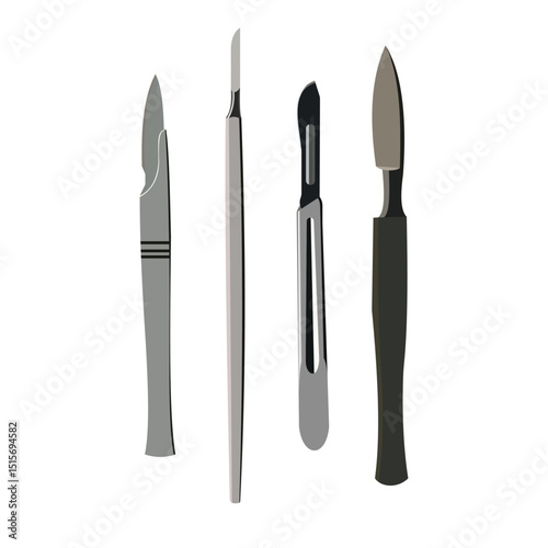 Set of surgical scalpels and medical knives in grey and black
