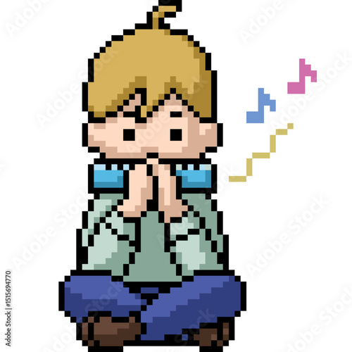 pixel art of young boy play harmonica