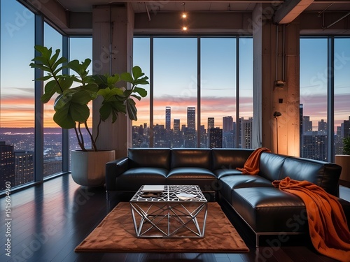 Industrial minimalist loft living room,black leather modular sofa