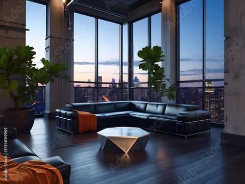 Industrial minimalist loft living room,black leather modular sofa
