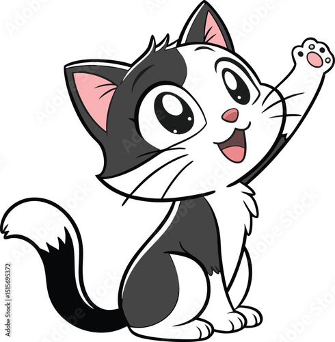 Cartoon cat sitting with one paw raised in a friendly greeting on a white background space around it