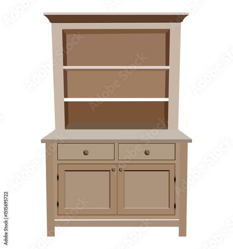 Beige wooden kitchen hutch cabinet with open shelving