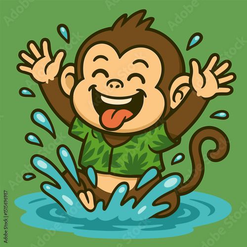 A cheeky cartoon monkey splashes water playfully from a jungle stream, laughing with water droplets around, set against a plain color background.