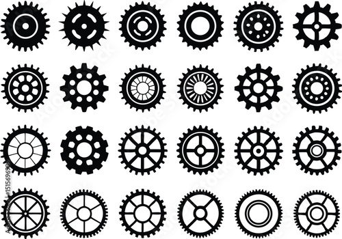Collection of various black gear icons on a white background in a flat lay arrangement style