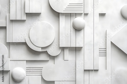 Abstract White Geometric Shapes Spheres, Rectangles, and Circles, Modern Minimalist 3D Rendered Background Art