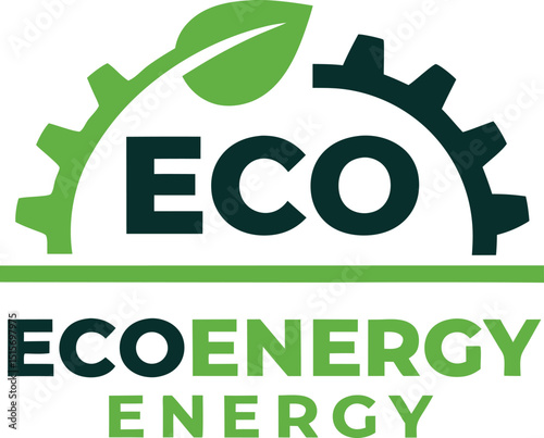 Eco energy logo with leaf and gear representing sustainable and environmentally friendly power solutions