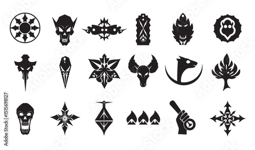 Collection of decorative black silhouettes featuring skulls, demons, and ornamental abstract designs