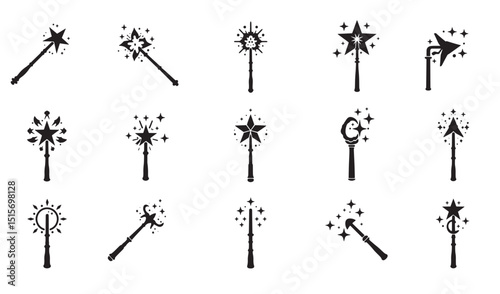 Collection of detailed magic wands with stars and magical sparkle design in black and white