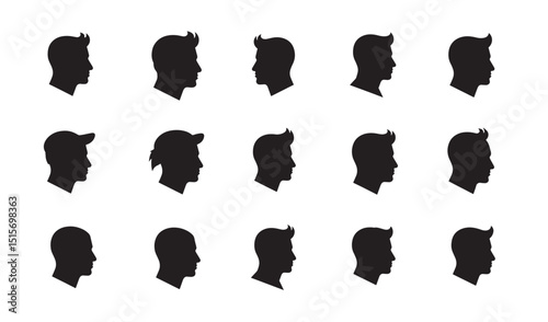 Collection of male head silhouettes in profile featuring various hairstyles and headwear