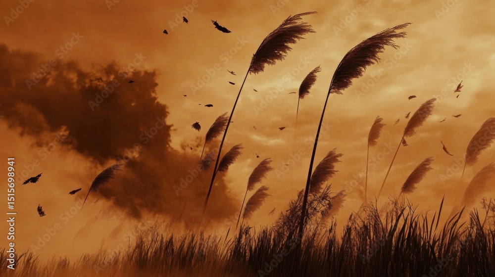 Obraz premium A field of tall grasses swaying violently in the wind, with dust and leaves being carried along, demonstrating high wind speed and natural movement
