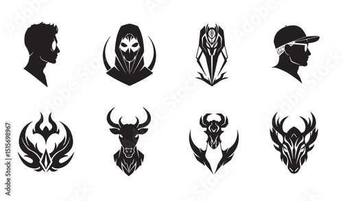 Collection of silhouetted vector designs featuring people and abstract decorative symbols