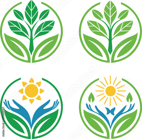 Four circular logos featuring green leaves trees sun and hands in a nature themed design set