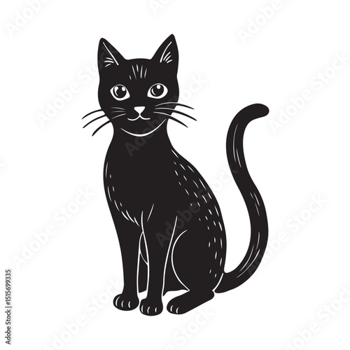 Elegant Black Cat Sitting Upright with Whiskers and Curved Tail