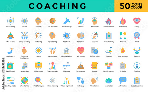 Coaching icons set with goal setting, vision, mindset, self discovery, breakthrough, growth, awareness, empowerment, motivation, clarity icon. Simple flat color vector 

