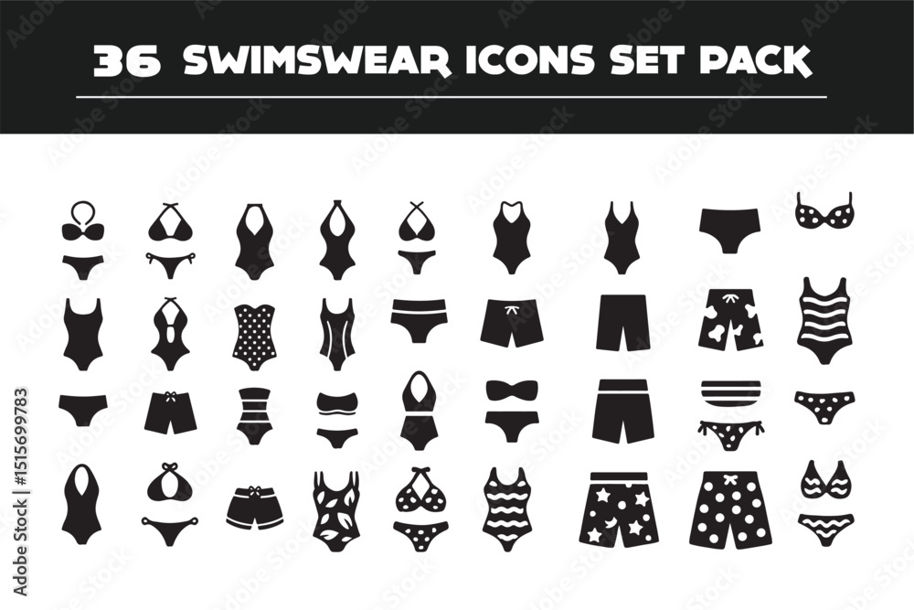 Fototapeta 36 Swimsuit and Swimwear Icons Set – Vector Silhouette Pack