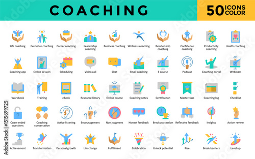 Coaching icons set with life, executive, career, leadership, wellness, business, confidence, relationship, productivity, health icon. Simple flat color vector 
