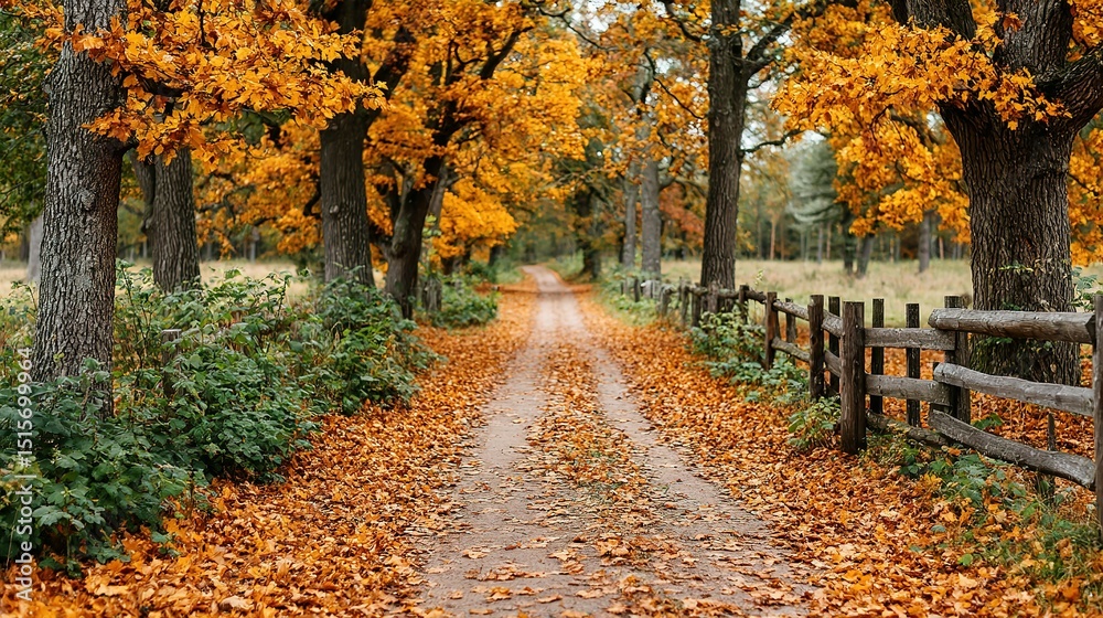 Naklejka premium Autumnal pathway lined with trees and fallen leaves.