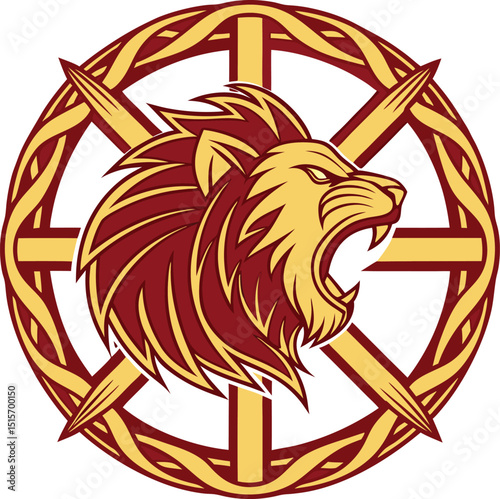 A lion head roaring inside of a wheel with a decorative border on a white background emblem design