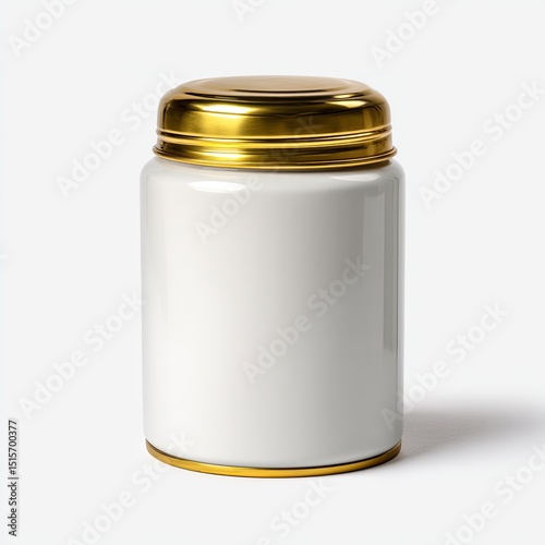 Cylindrical white jar with gold lid and base, isolated on white background, showing subtle shadow