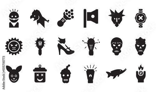 Set of unique black glyph icon illustrations representing varied concepts and symbolism