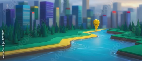 3D map of a city with a landmark