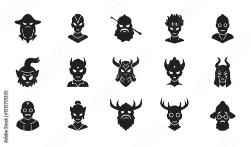 Vector illustration of various characters with superhero masks and fantasy creature silhouettes