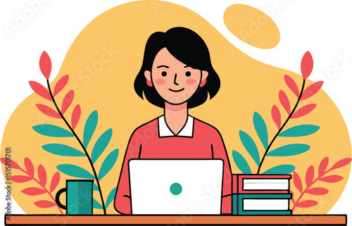 Woman Working from Home with Laptop Books and Coffee Mug Illustration