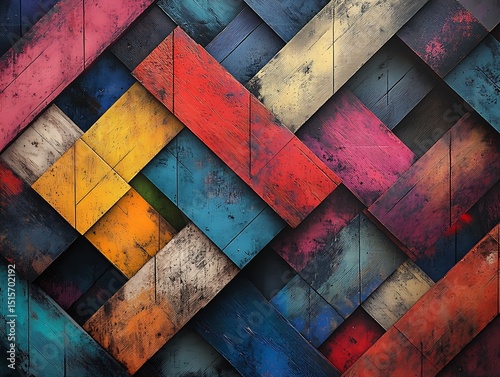 Abstract patchwork of vivid colored painted wooden panels creates a texture