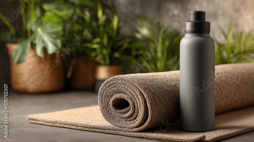Yoga Mat with Water Bottle in Empty Studio - Minimalist Wellness Concept - Peaceful Atmosphere for Meditation or Fitness Branding