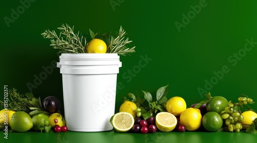 Fresh citrus fruits and herbs in a white bucket