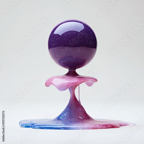 A dark purple sphere rests atop a swirling, melting base of pink and blue, creating a visually striking, abstract composition against a light grey background