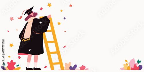 A student stands on the ladder and looking to graduation, a representation of academic achievement, personal development, and the pursuit of goals, capturing the moment of triumph.